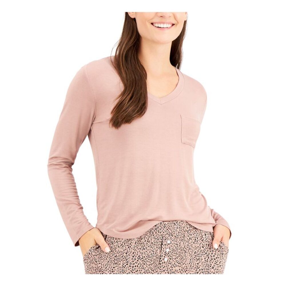 ALFANI Intimates Pink Knit Chest Pocket Curved Hem Sleep Shirt Pajama Top XS